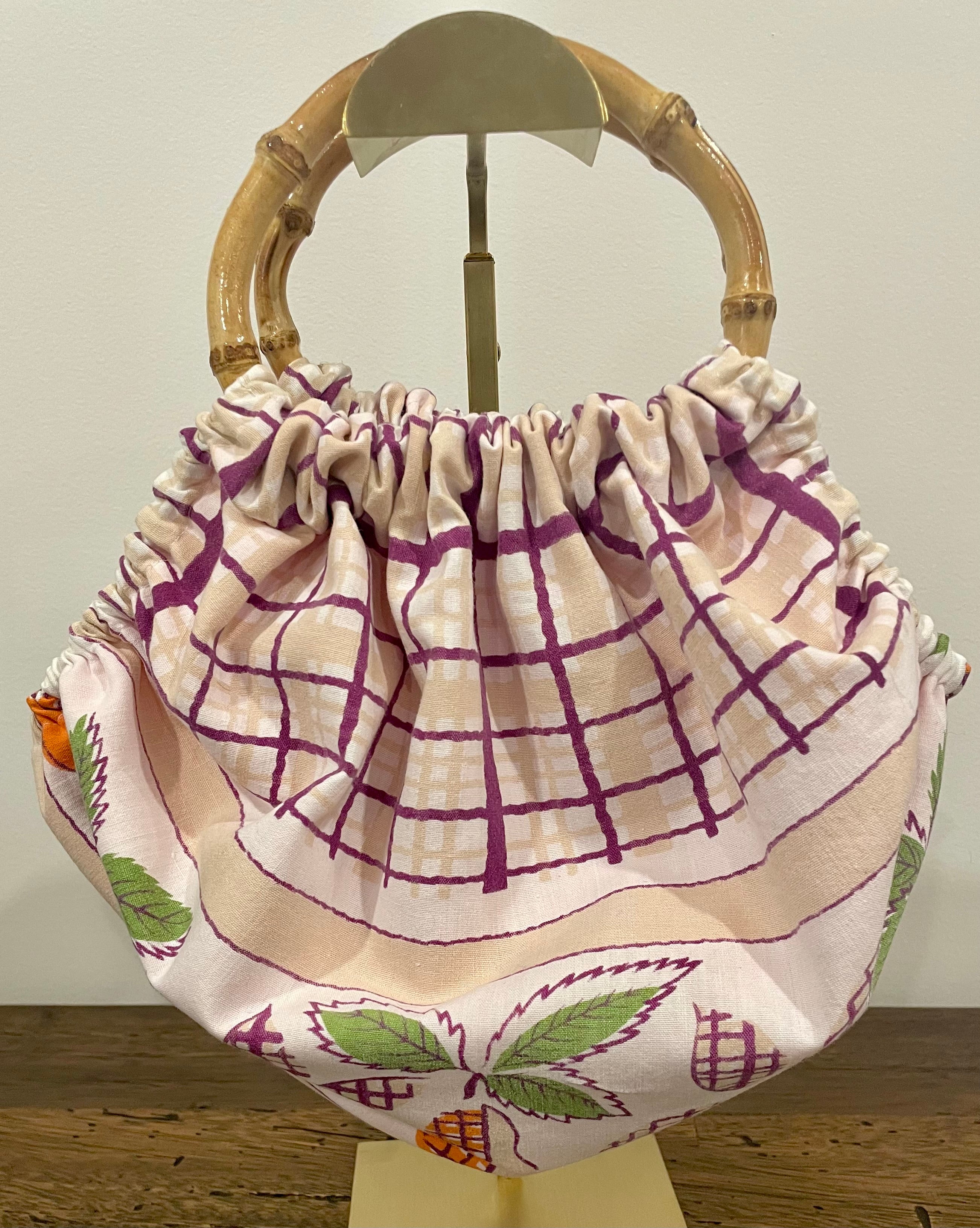 Handmade Granny Bag – Reclaimed Tablecloth with Cane Handles