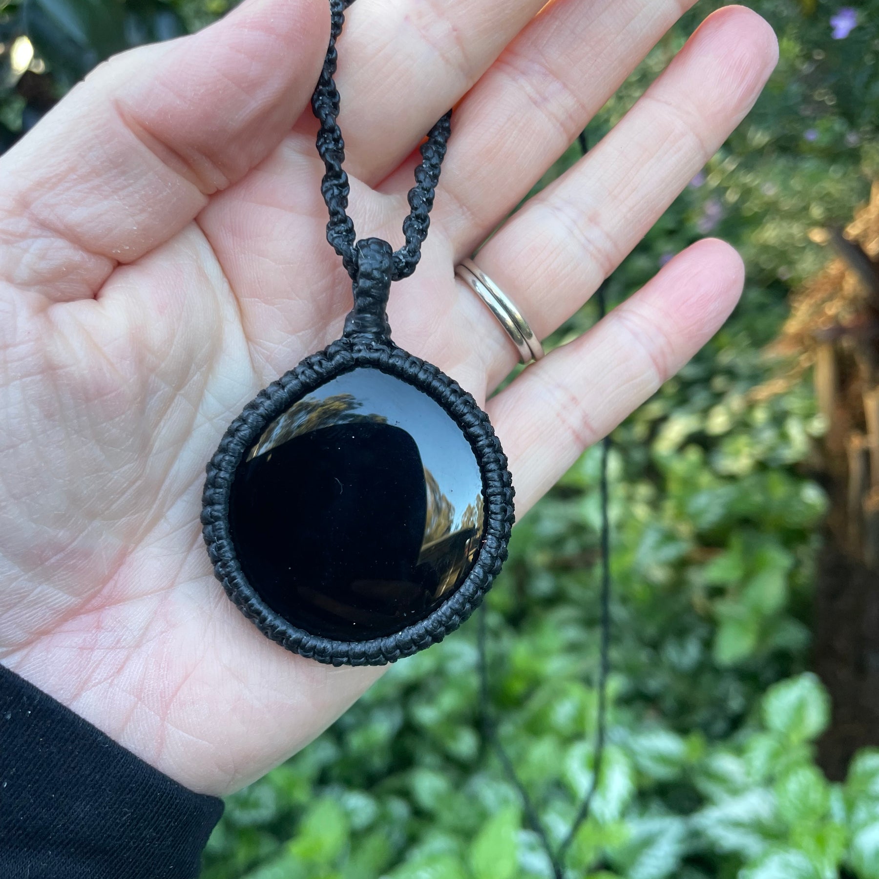 Black Obsidian Pendant, macrame necklace adjustable