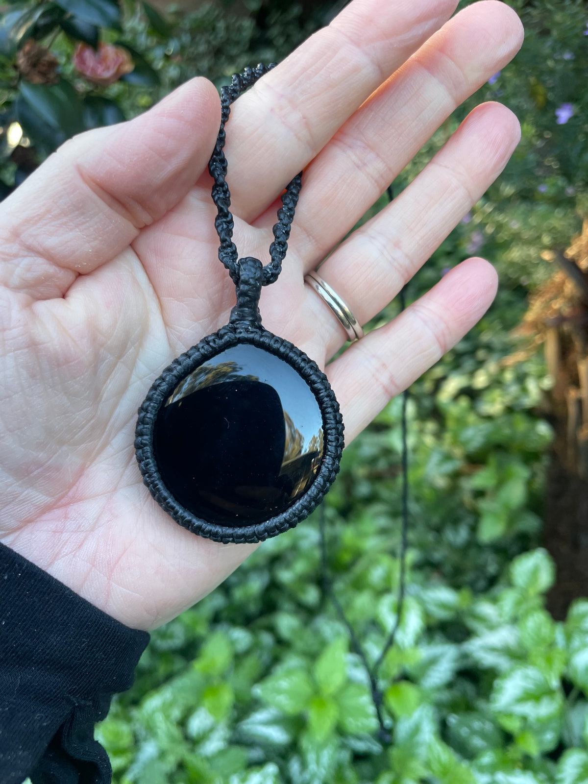 Black Obsidian Pendant, macrame necklace adjustable