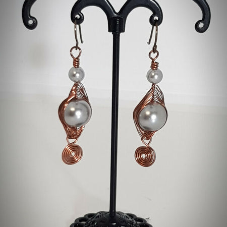 Silver glass pearl herringbone wrapped earrings