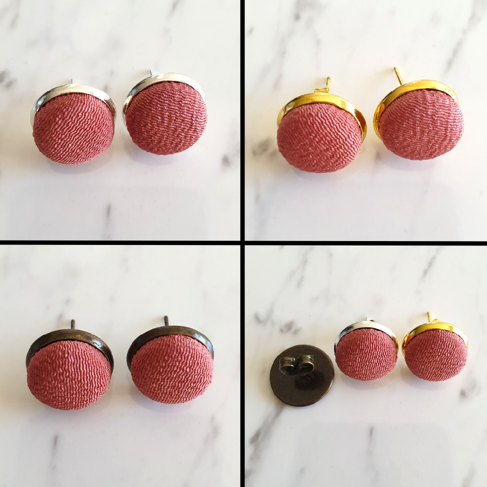 1.4cm Round White Brown Kimono Fabric Cabochon stud earrings