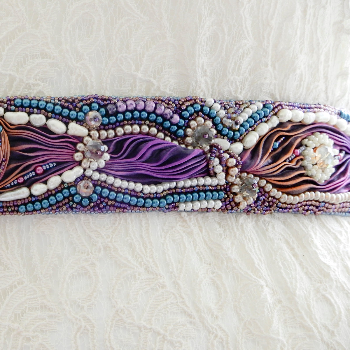 Bead Embroidered Bridal Sash Belt in Mostly Purple