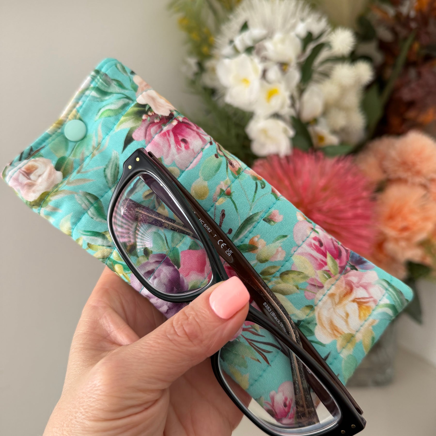 Quilted Glasses Case - Aqua Floral