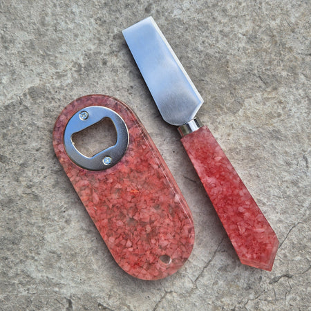 Resin bottle opener and cheese knife set with rose quartz