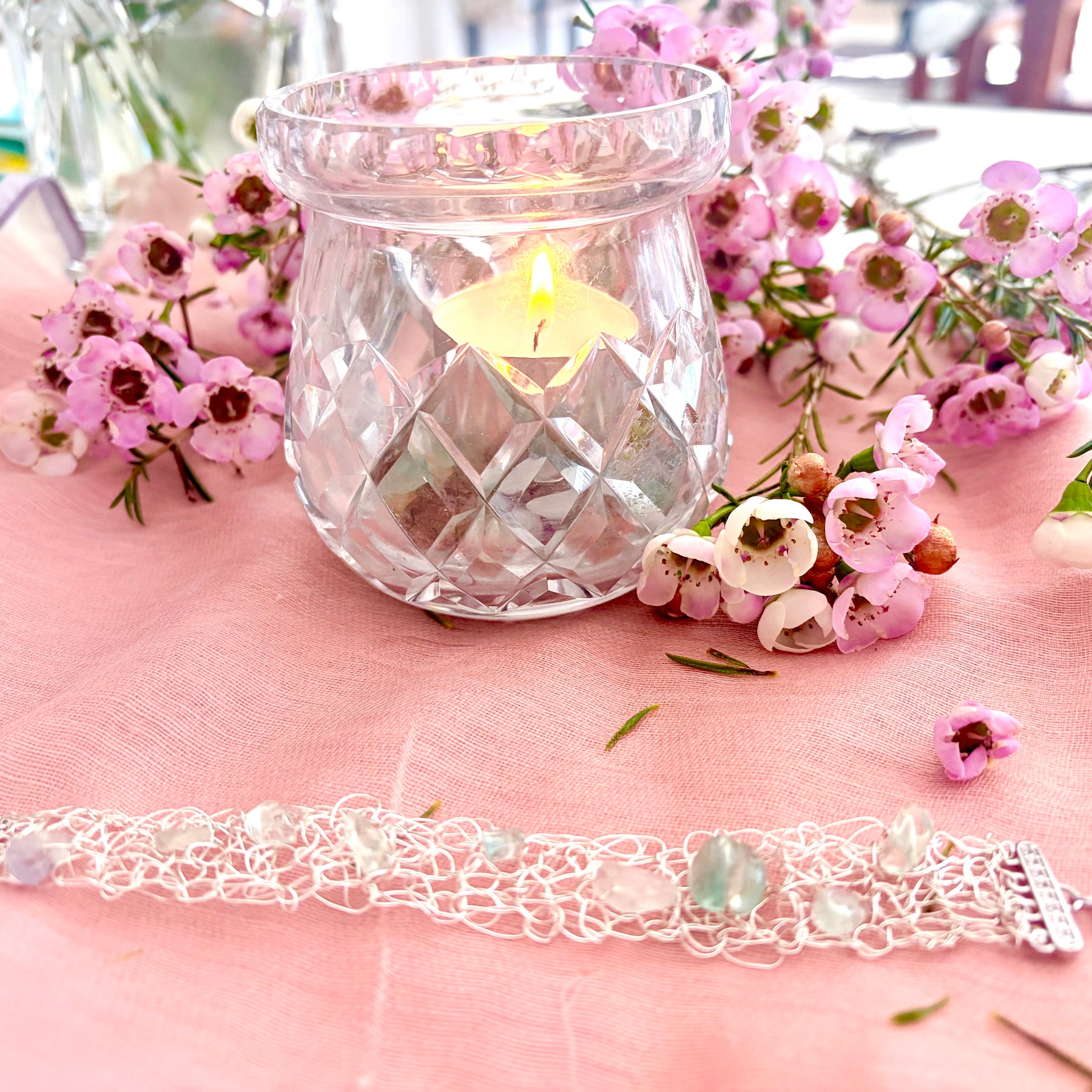 ✨FLUORITE WHISPER✨ Silver-blend crochet bracelet