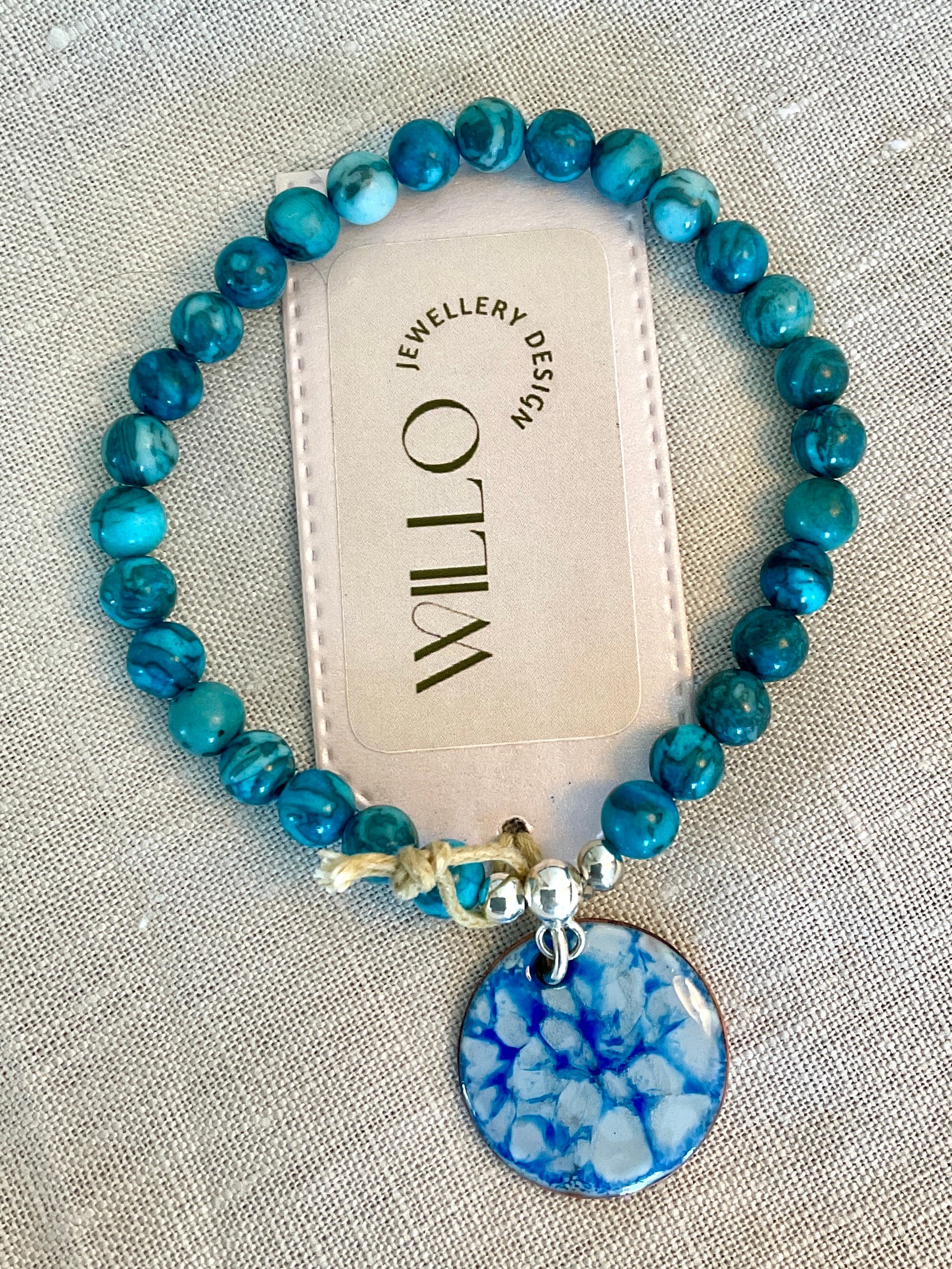 Blue web Jasper bracelet with enamel charm