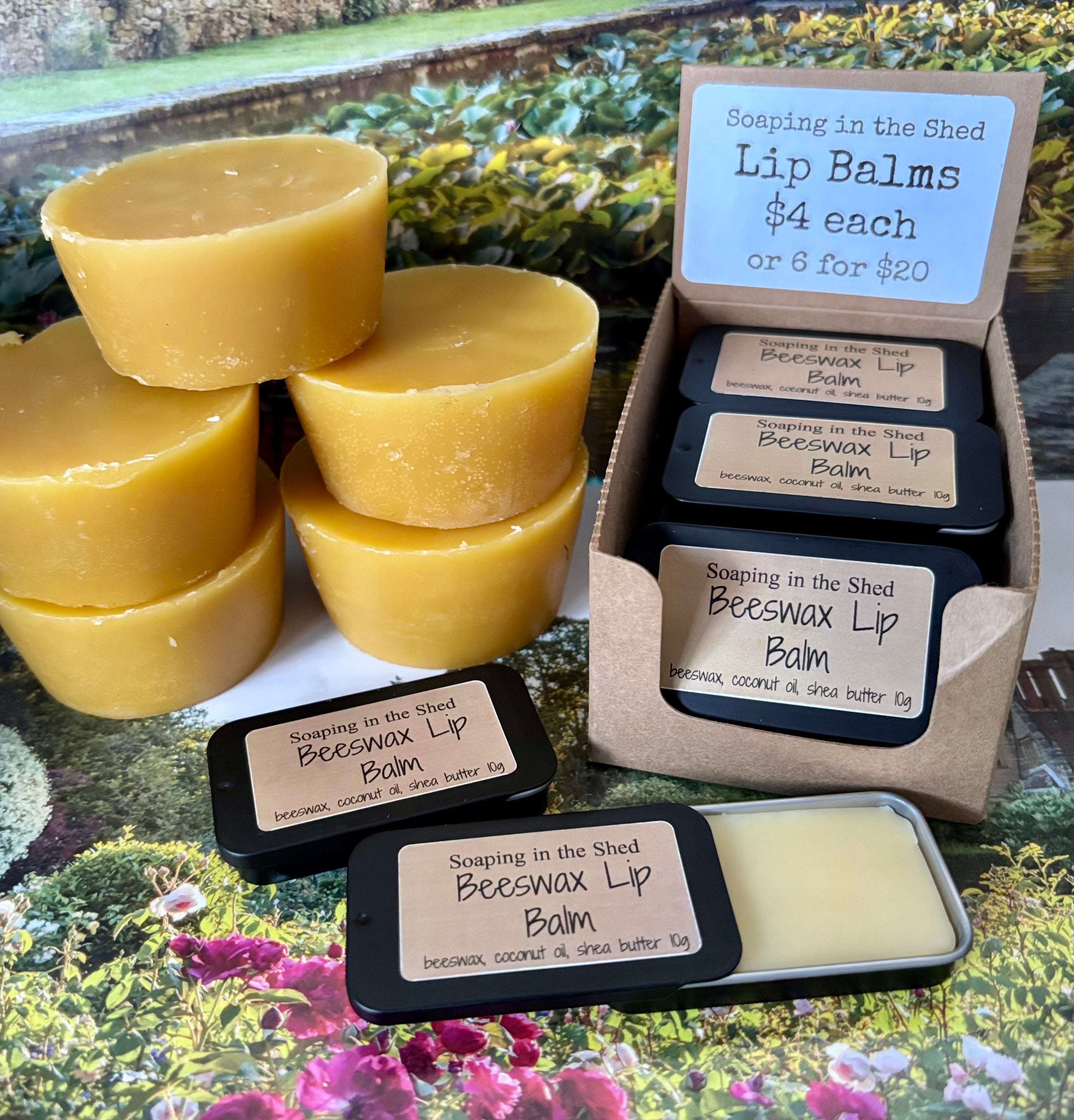 Pack of 6 Beeswax Lip Balms in sliding tin.