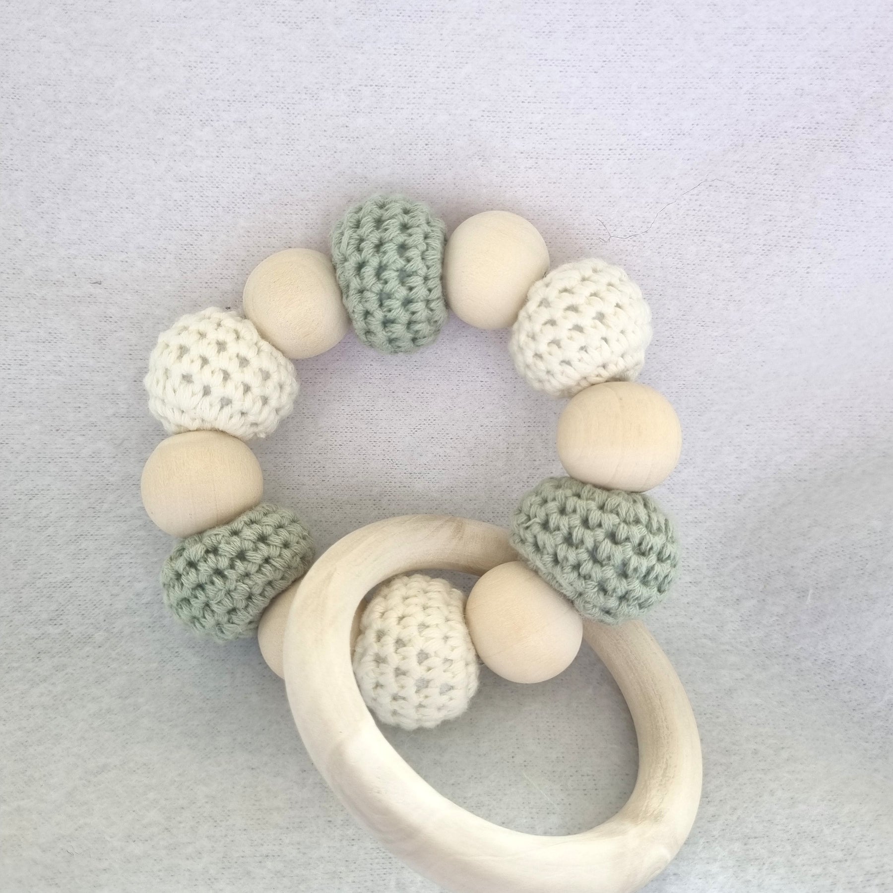 Handmade – Crochet Little Bear with Sensory Ring toy – Sage and Cream - BB10/15