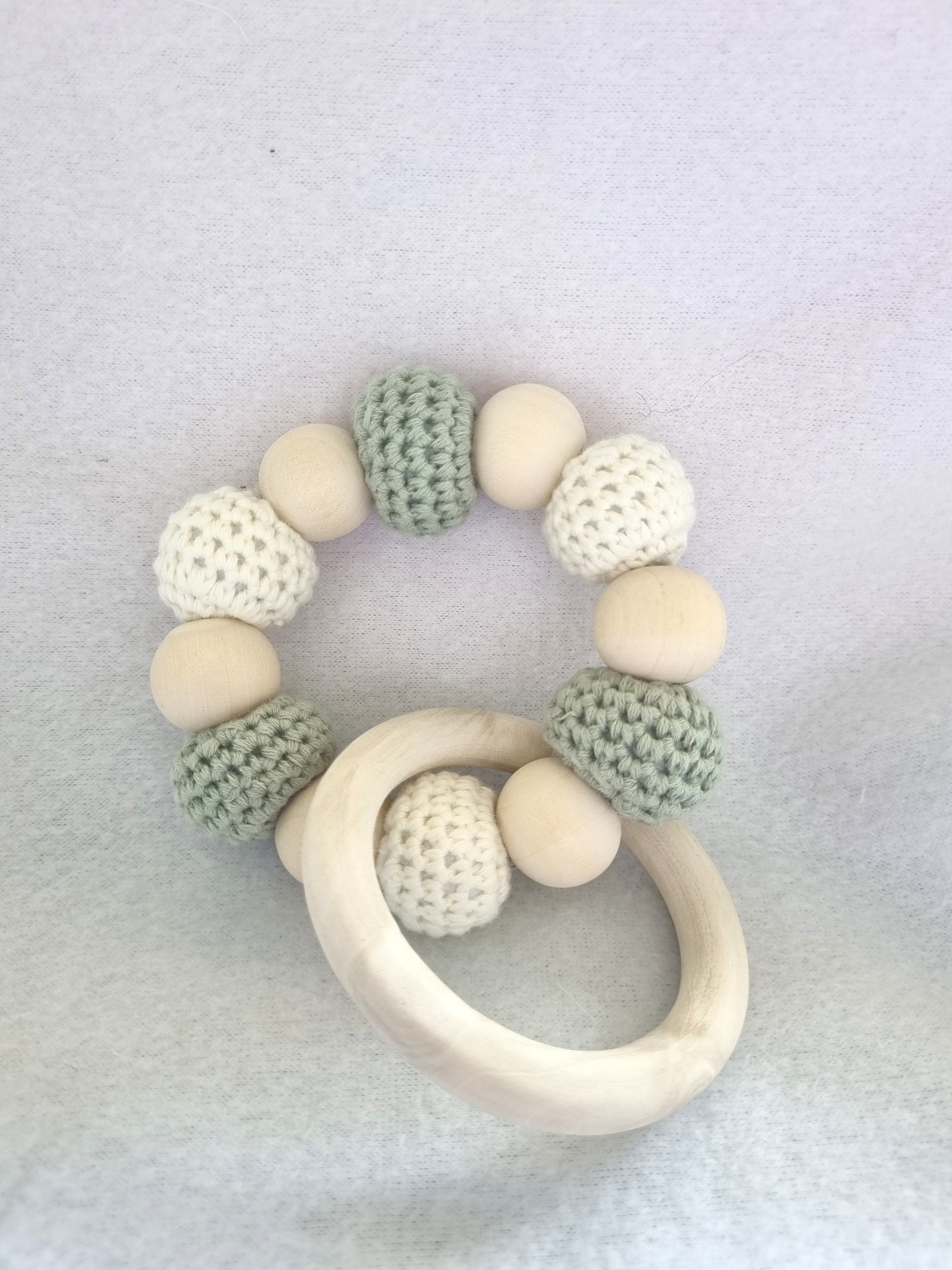 Handmade – Crochet Little Bear with Sensory Ring toy – Sage and Cream - BB10/15