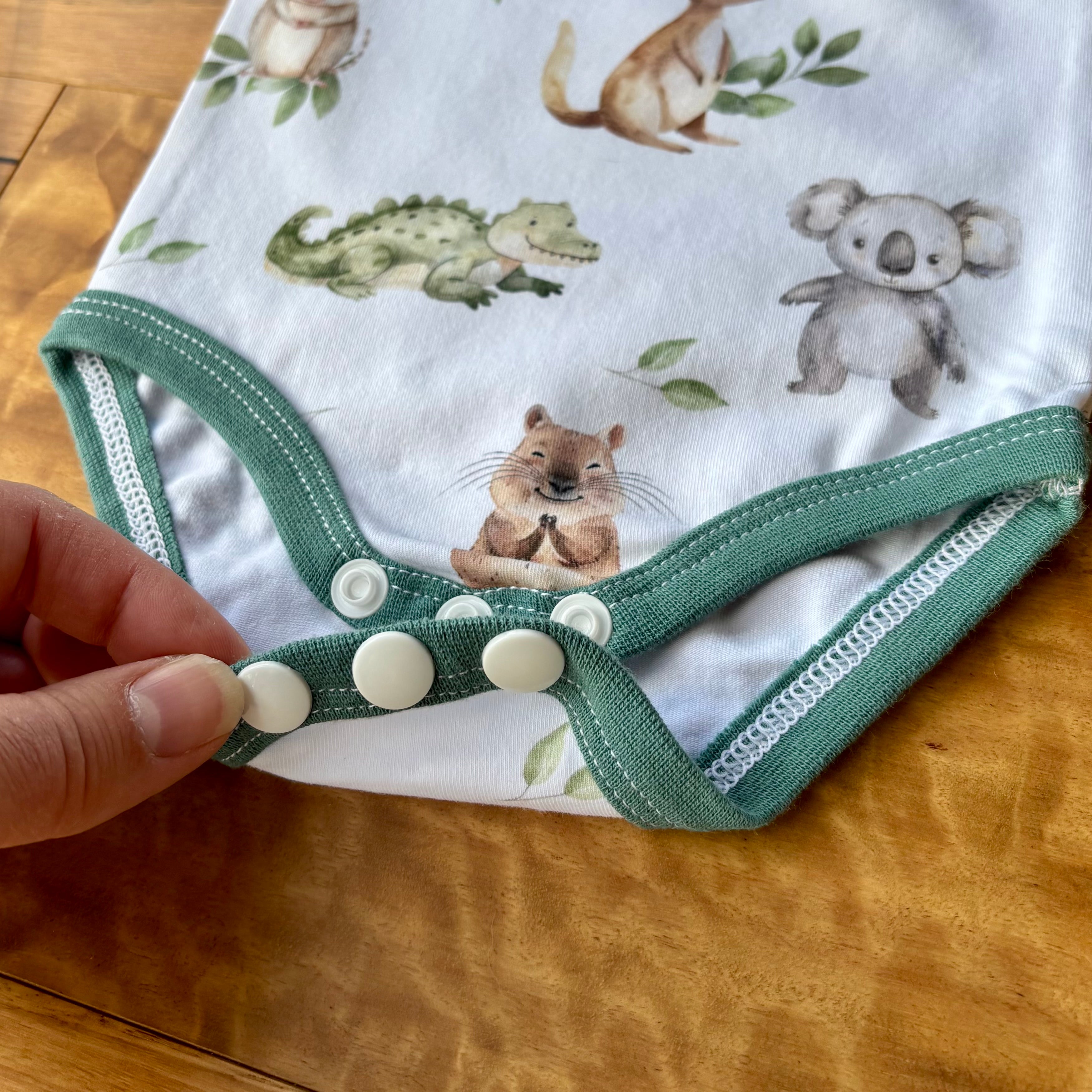 Baby Tank Bodysuit | Green Aussie Animals | Size premmie to 2 | Made to order