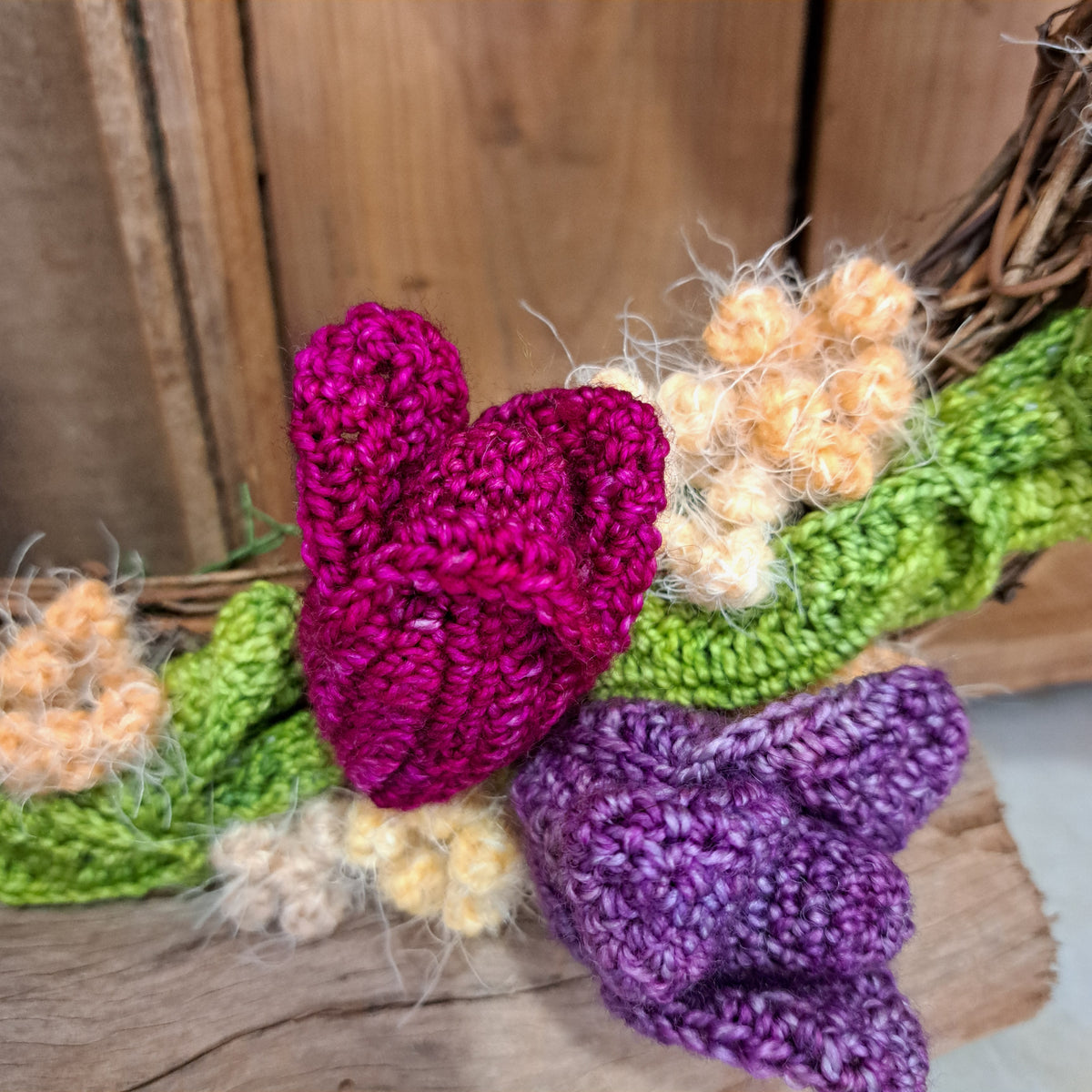 Handmade crochet tulip wreath pinks purples