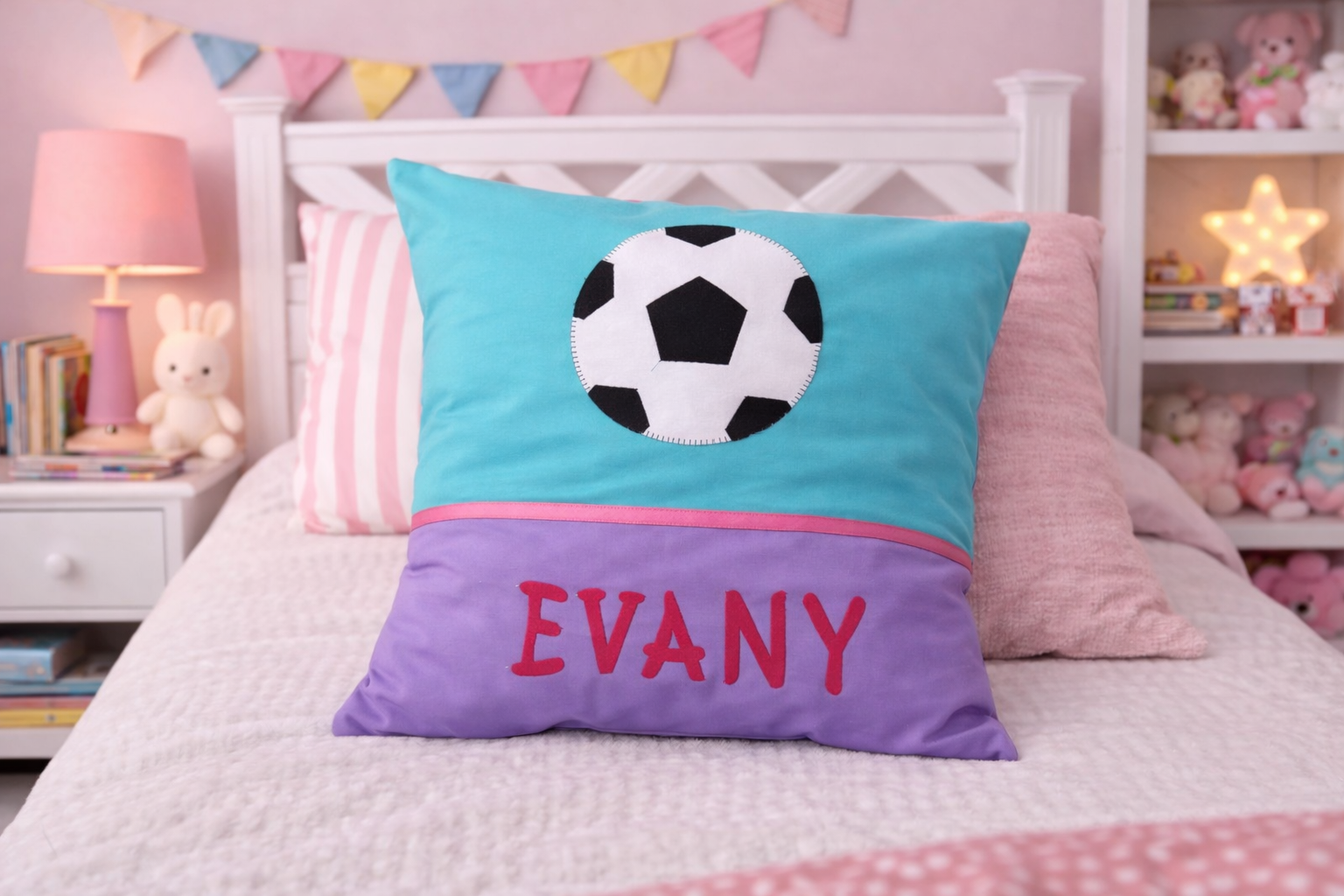 Personalised Kids Cushion | Custom Name Pillow | Handmade Applique Cushion | Nursery Decor - Soccer