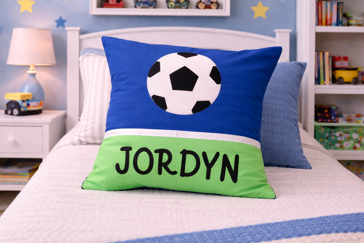 Personalised Kids Cushion | Custom Name Pillow | Handmade Applique Cushion | Nursery Decor - Soccer