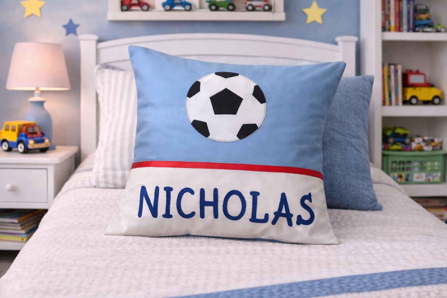 Personalised Kids Cushion | Custom Name Pillow | Handmade Applique Cushion | Nursery Decor - Soccer