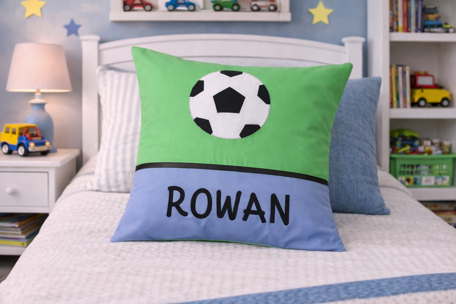 Personalised Kids Cushion | Custom Name Pillow | Handmade Applique Cushion | Nursery Decor - Soccer