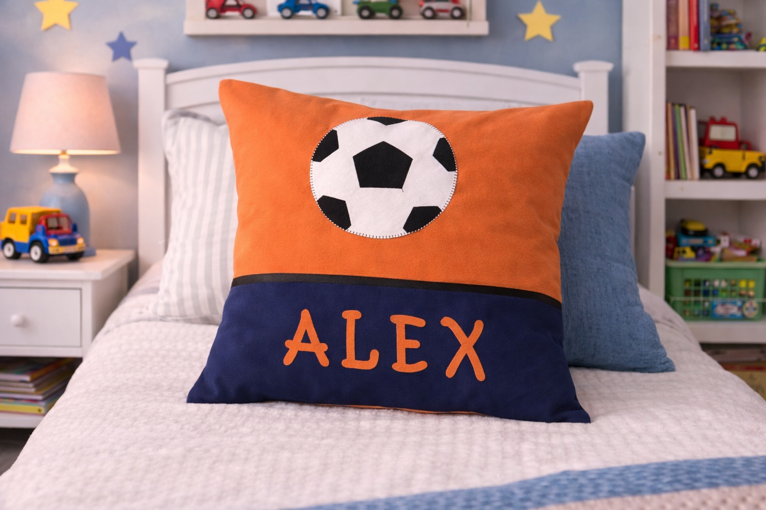 Personalised Kids Cushion | Custom Name Pillow | Handmade Applique Cushion | Nursery Decor - Soccer