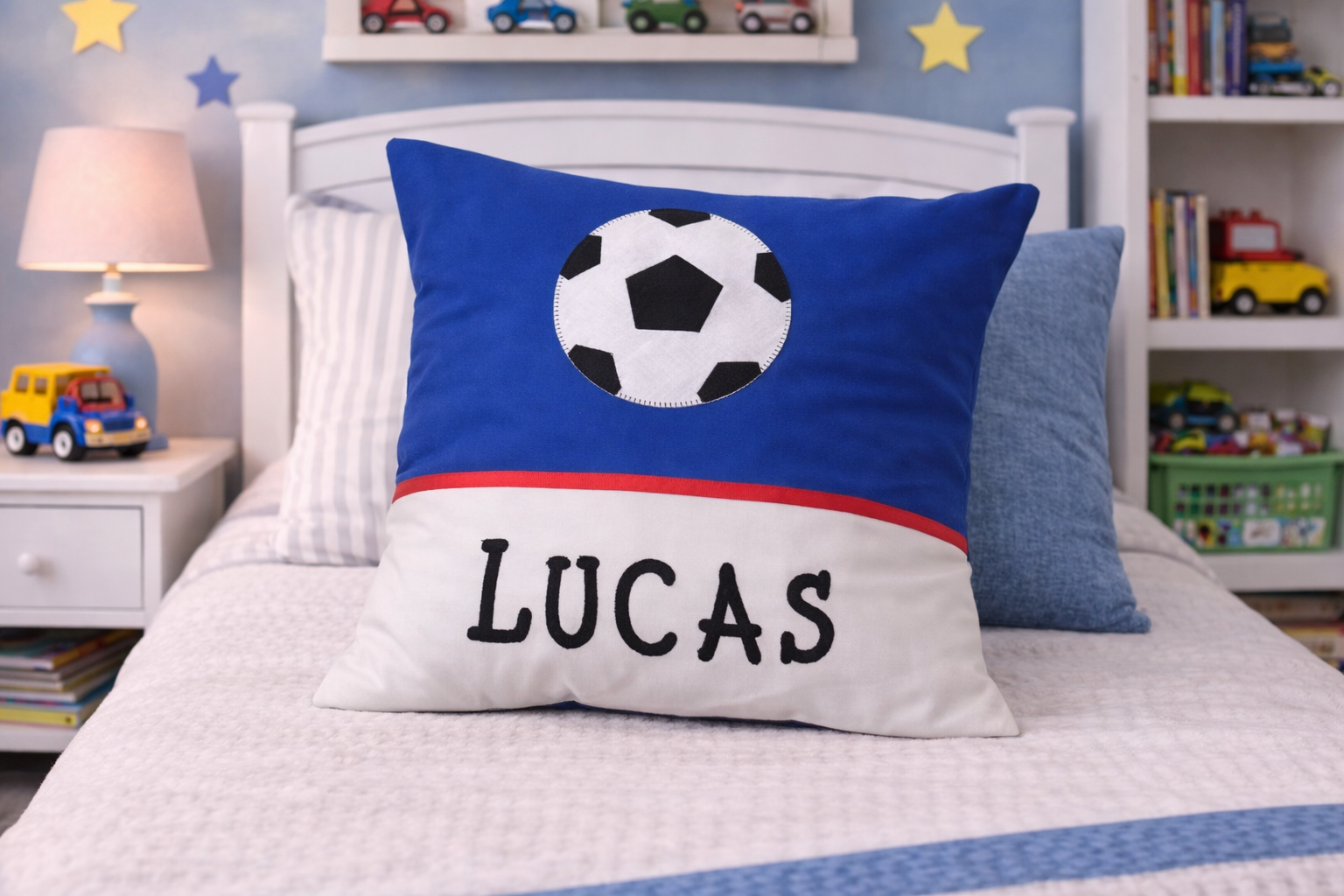 Personalised Kids Cushion | Custom Name Pillow | Handmade Applique Cushion | Nursery Decor - Soccer