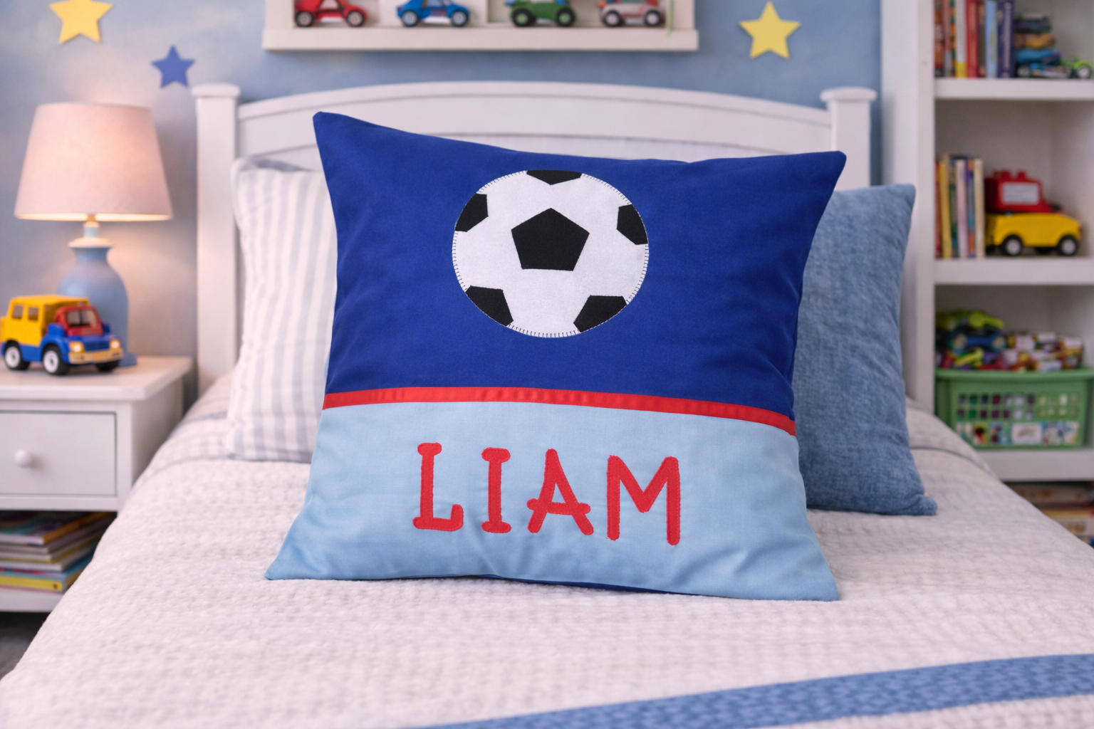 Personalised Kids Cushion | Custom Name Pillow | Handmade Applique Cushion | Nursery Decor - Soccer
