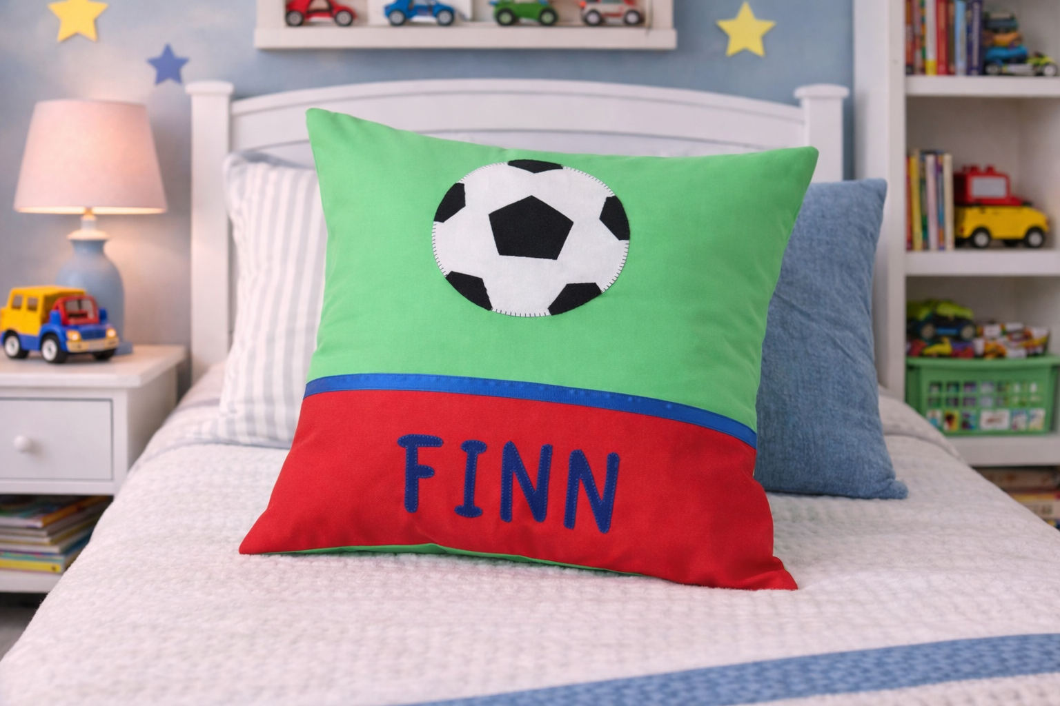 Personalised Kids Cushion | Custom Name Pillow | Handmade Applique Cushion | Nursery Decor - Soccer