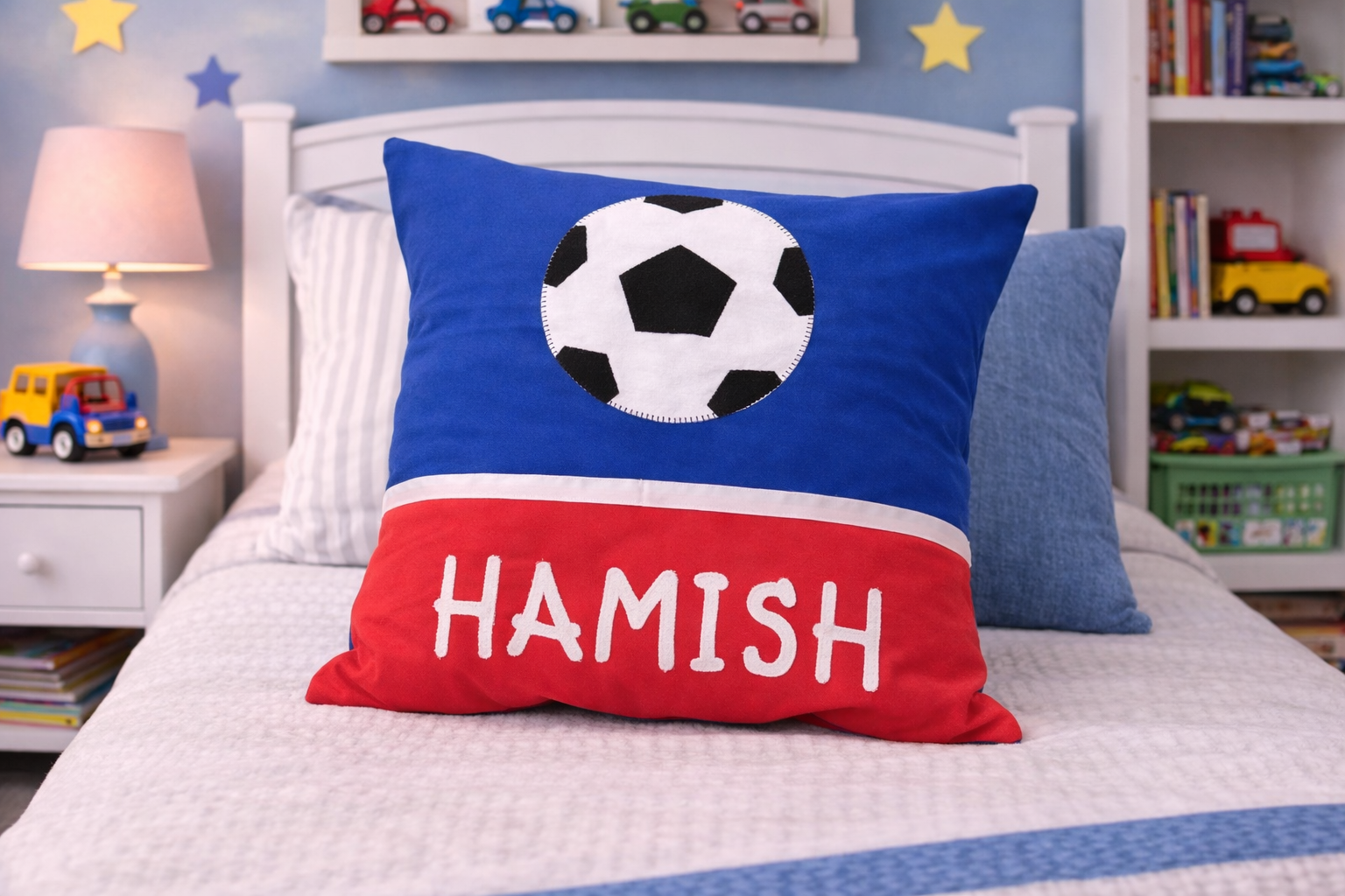 Personalised Kids Cushion | Custom Name Pillow | Handmade Applique Cushion | Nursery Decor - Soccer