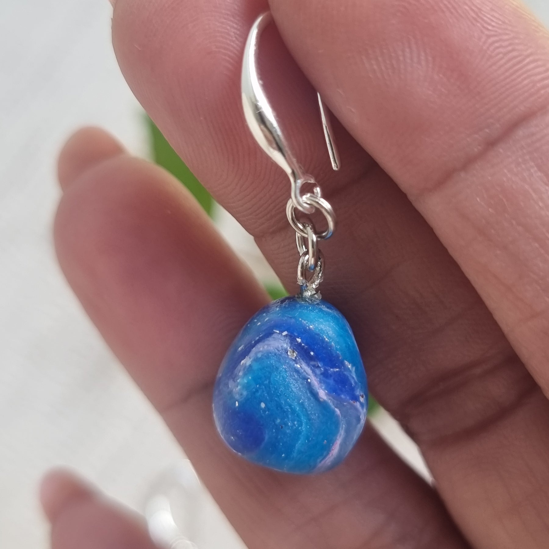 Ocean Pebble Dangle = Blue and Silver marble effect earrings
