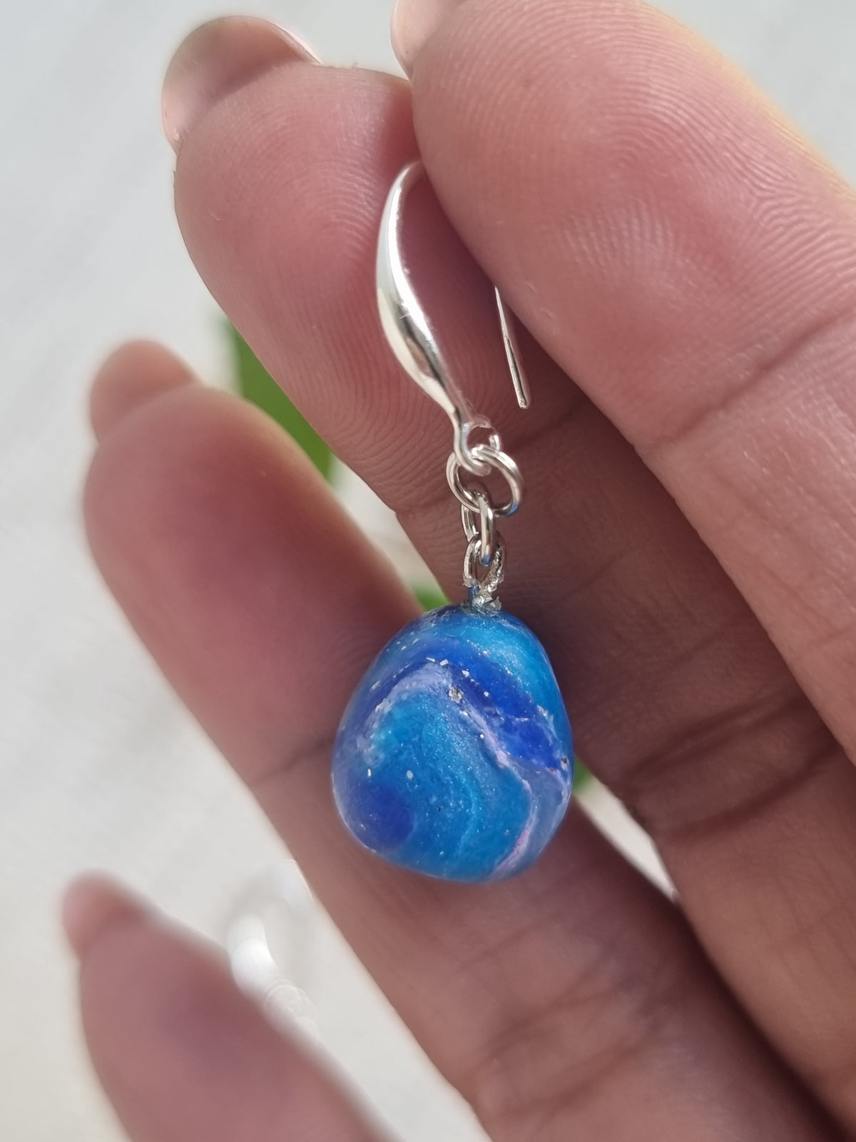 Ocean Pebble Dangle = Blue and Silver marble effect earrings