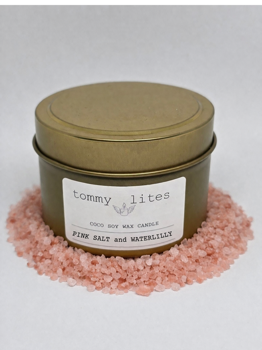 Gold tin Coco Soy wax candle -Pink Salt Waterlily