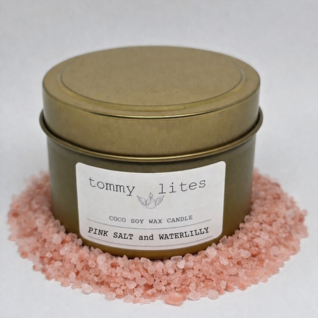 Gold tin Coco Soy wax candle -Pink Salt Waterlily