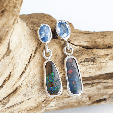 Australian Boulder Opal and Pale Blue Sapphire Drop Earrings in 925 Sterling Silver