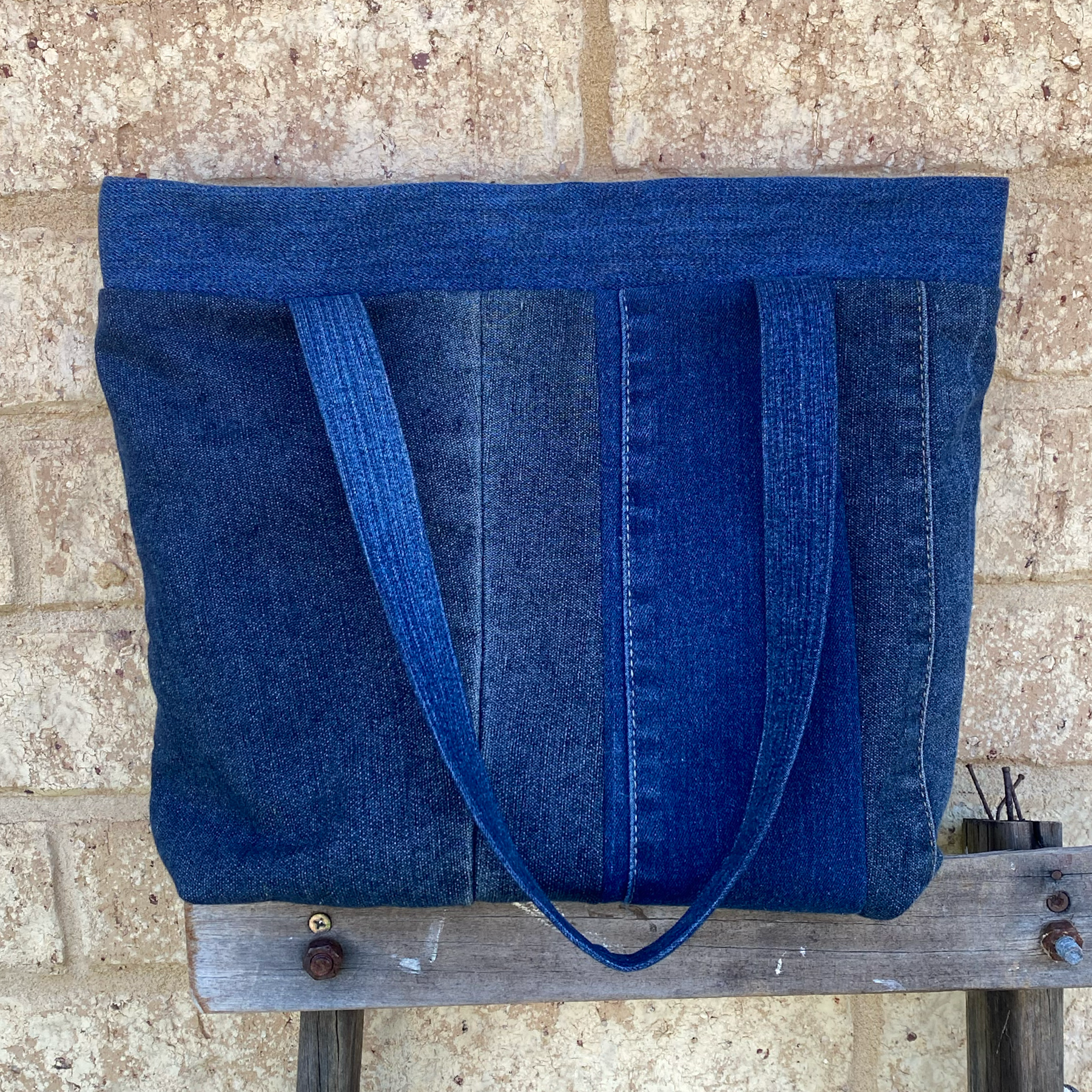Handmade Tote Bag Upcycled Vintage Retro - Green Stitch Denim