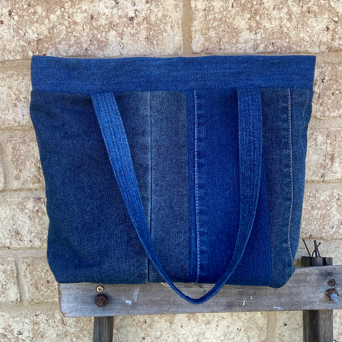 Handmade Tote Bag Upcycled Vintage Retro - Green Stitch Denim