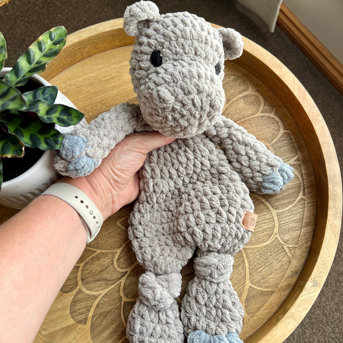 Handmade modern crochet Hippo lovey toy snuggler plushie.