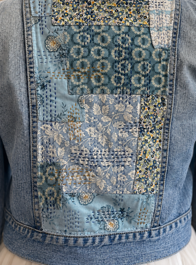 Sashiko Floral Denim Jacket Upcycled Wearable Art