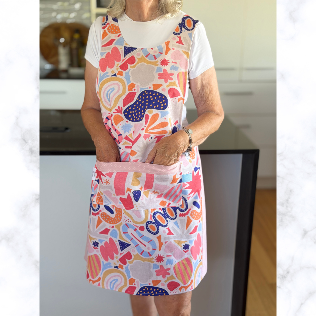 Arty Japanese style cross back kitchen apron. Crafting, gardening, no ties apron.