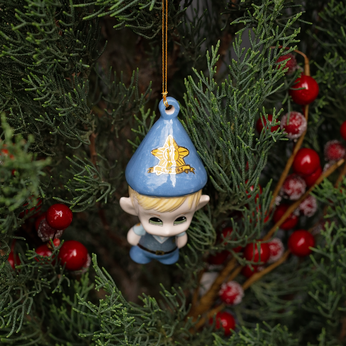 Handmade Porcelain Christmas ornament. One-of-a-kind. Dave, the Copper Elf.