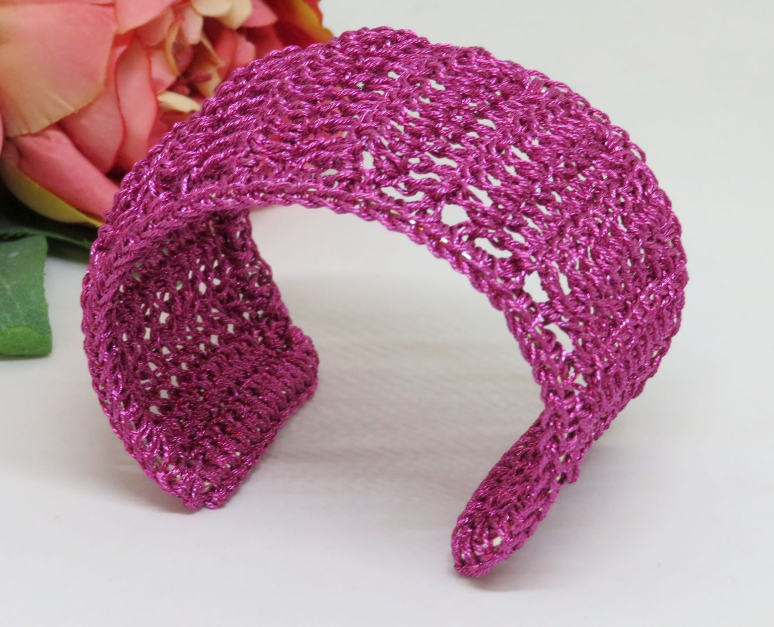 Magenta Bespoke Handmade Crochet Shimmer Thread Cuff Bracelet
