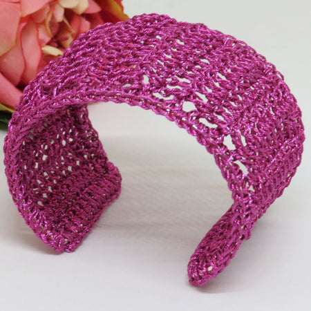 Magenta Bespoke Handmade Crochet Shimmer Thread Cuff Bracelet