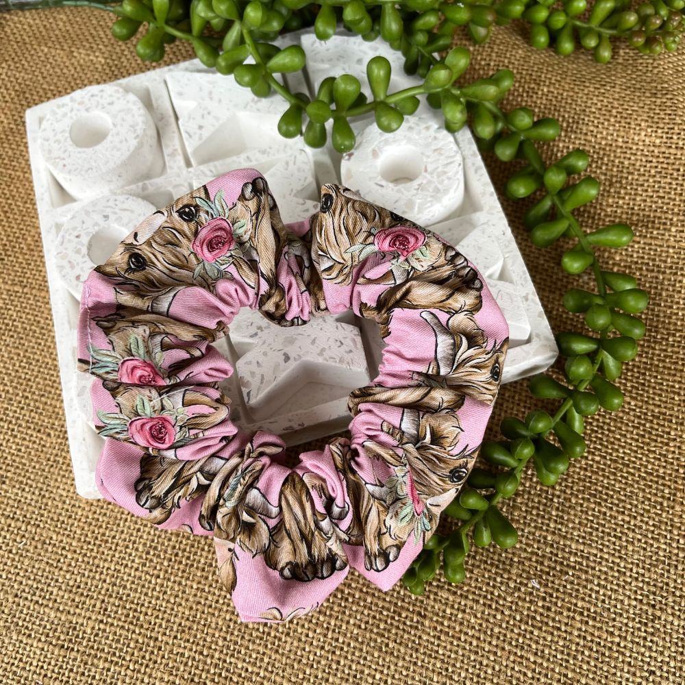 Handmade Scrunchies | Highland Cow | pink fabric