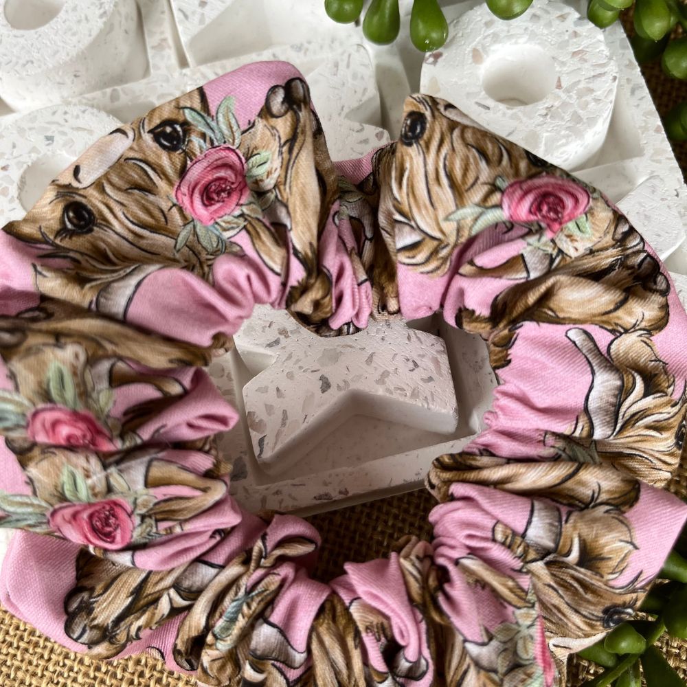 Handmade Scrunchies | Highland Cow | pink fabric