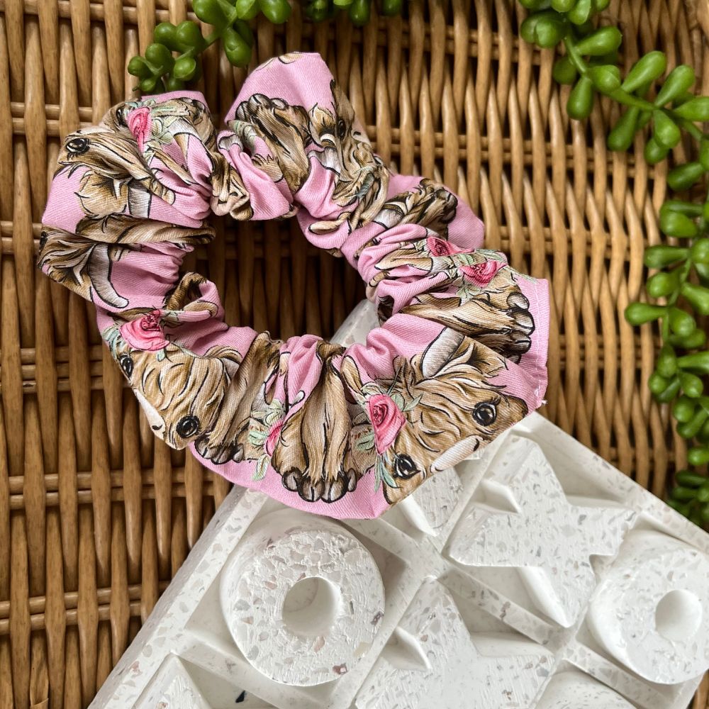 Handmade Scrunchies | Highland Cow | pink fabric