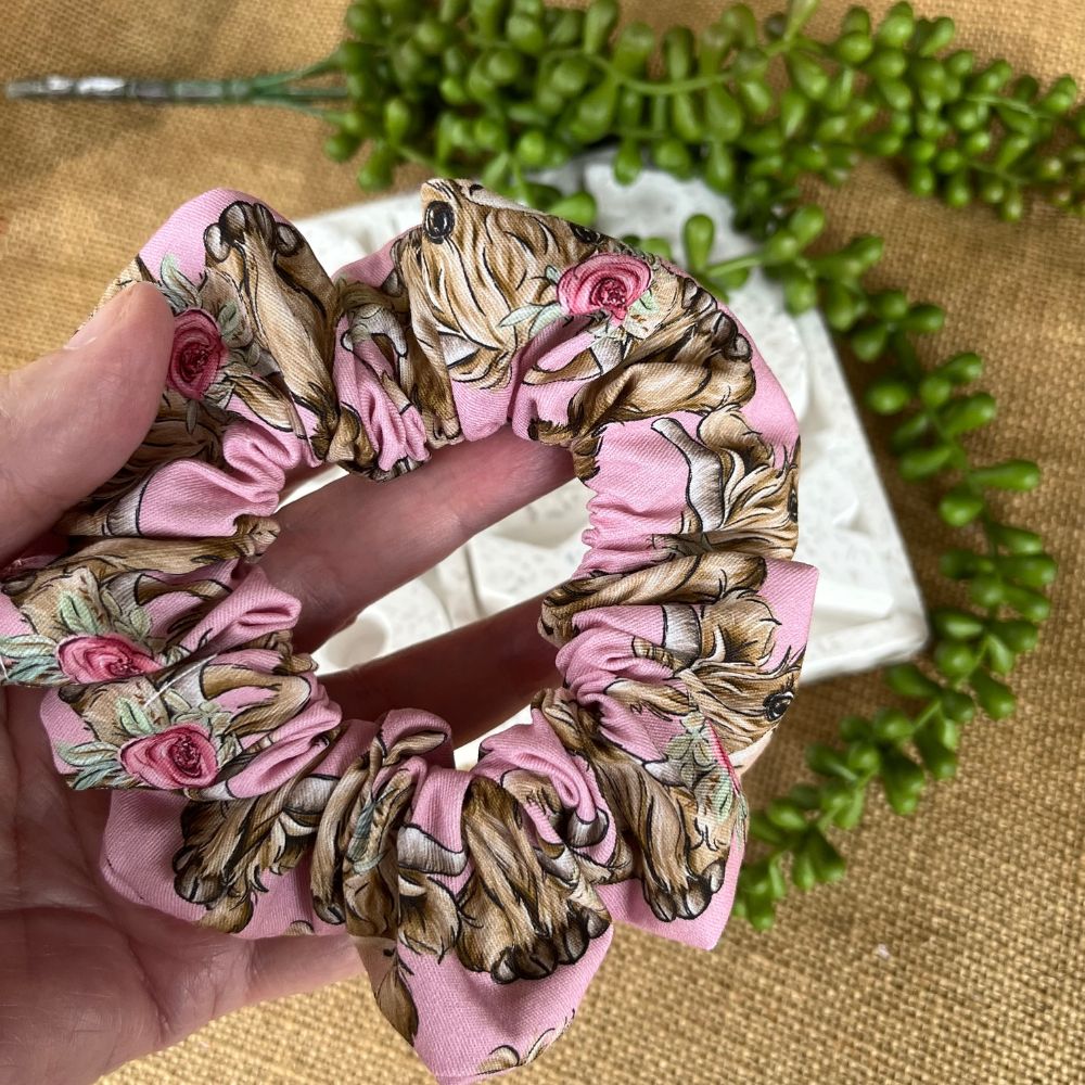 Handmade Scrunchies | Highland Cow | pink fabric