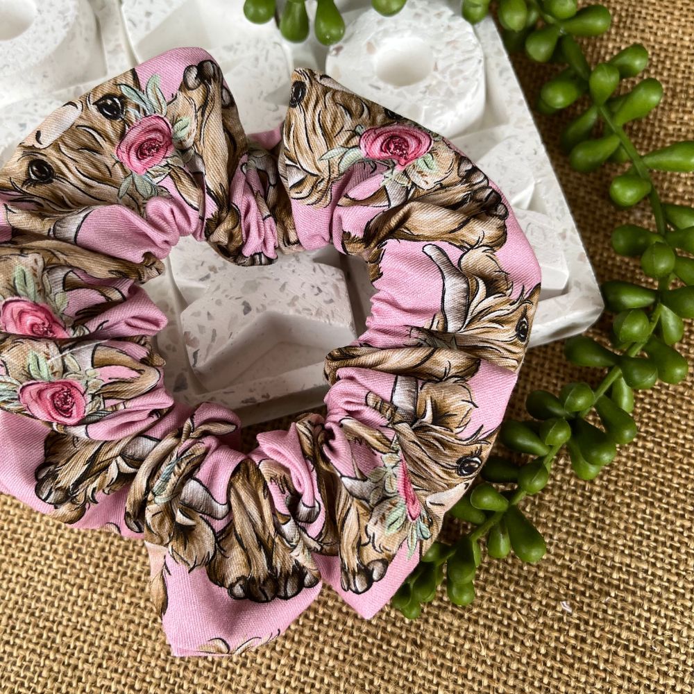 Handmade Scrunchies | Highland Cow | pink fabric