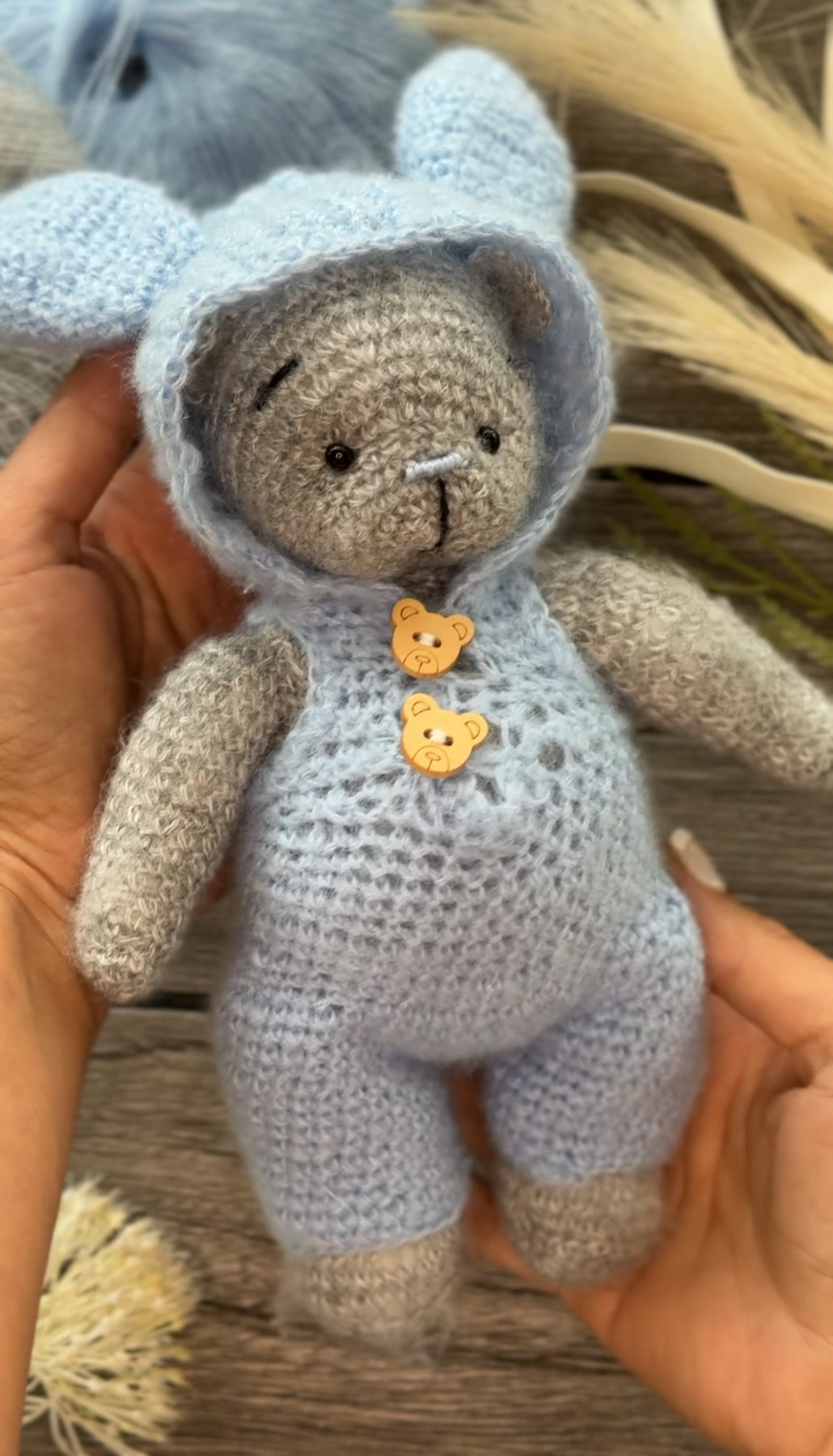 Crochet Teddy Bear in the Blue Bunny Suit Toy