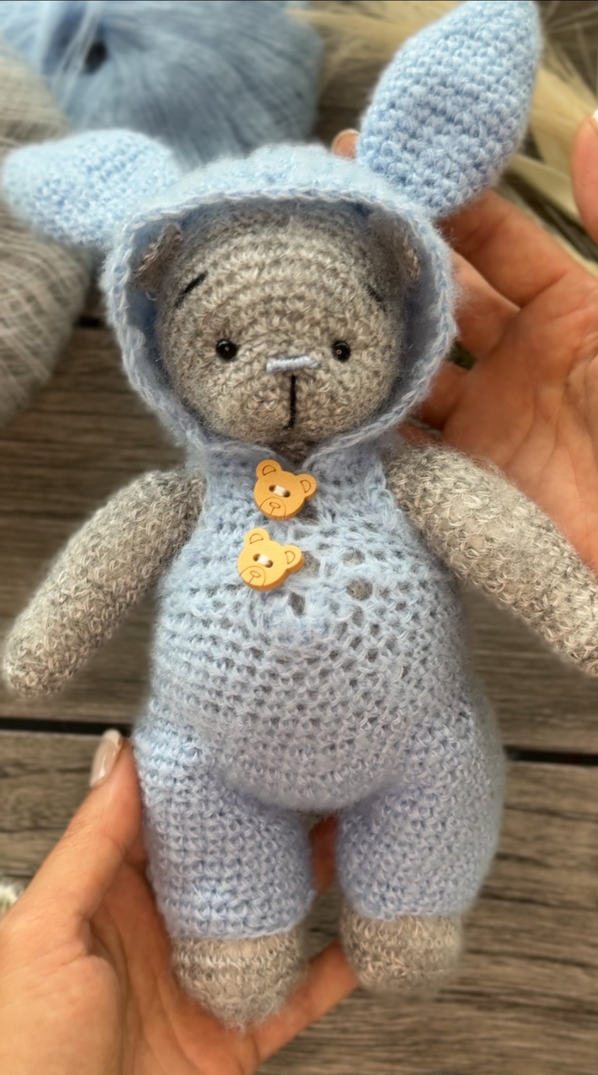 Crochet Teddy Bear in the Blue Bunny Suit Toy