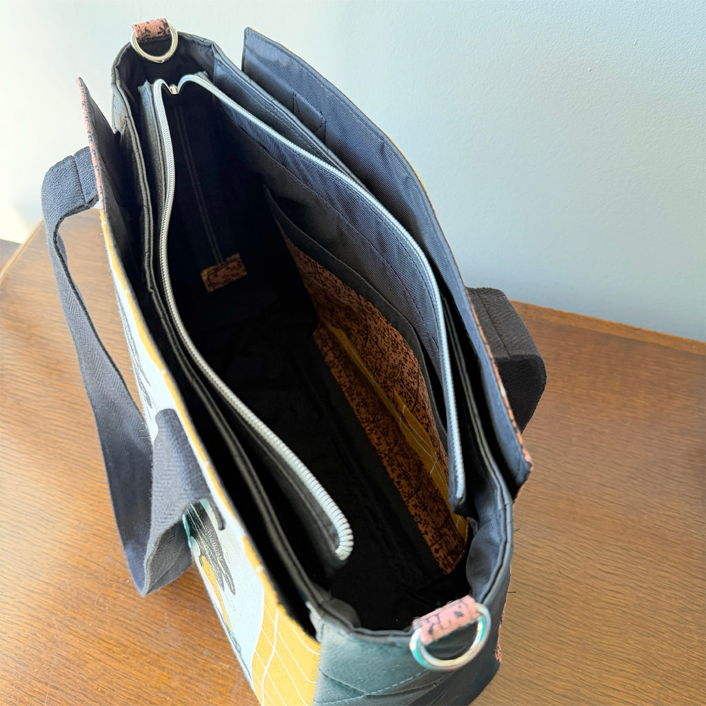 Tote-style handbag with side pockets and main zip