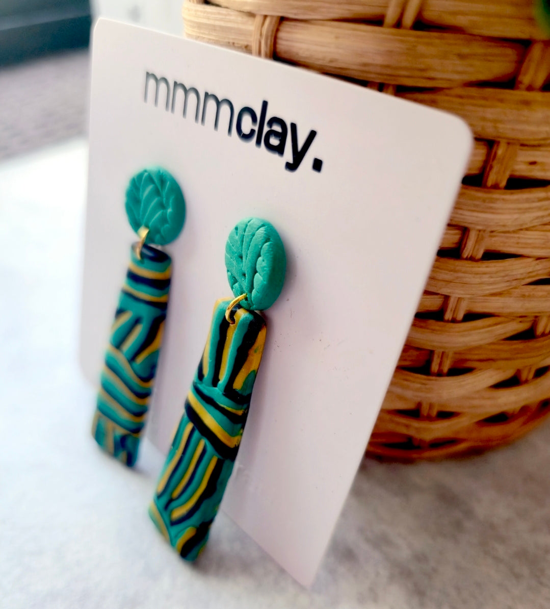 Black and Green Striped Polymer Clay Drop Earrings