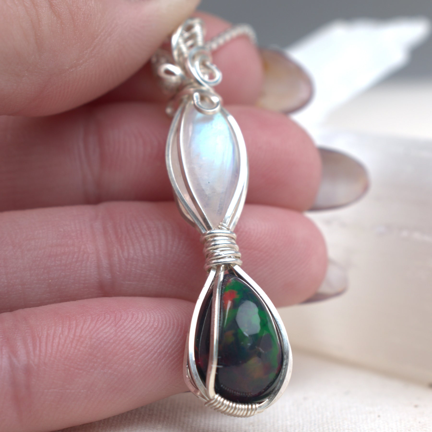Moon Fire - Black Opal & Moonstone Wire Wrapped Pendant