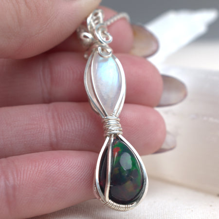 Moon Fire - Black Opal & Moonstone Wire Wrapped Pendant