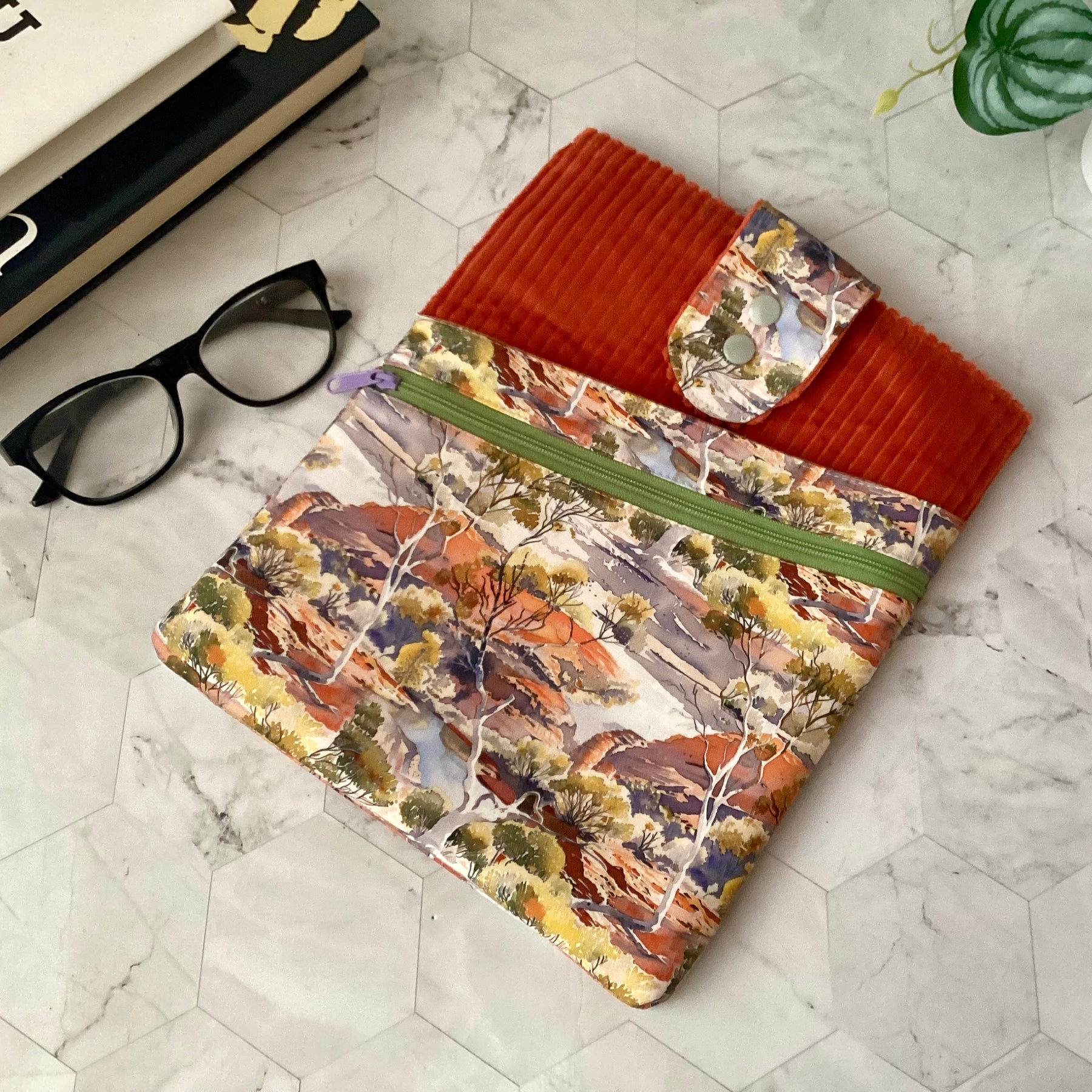 Australian Outback Scene fabric book sleeve with 2 pockets. iPad, tablet pouch