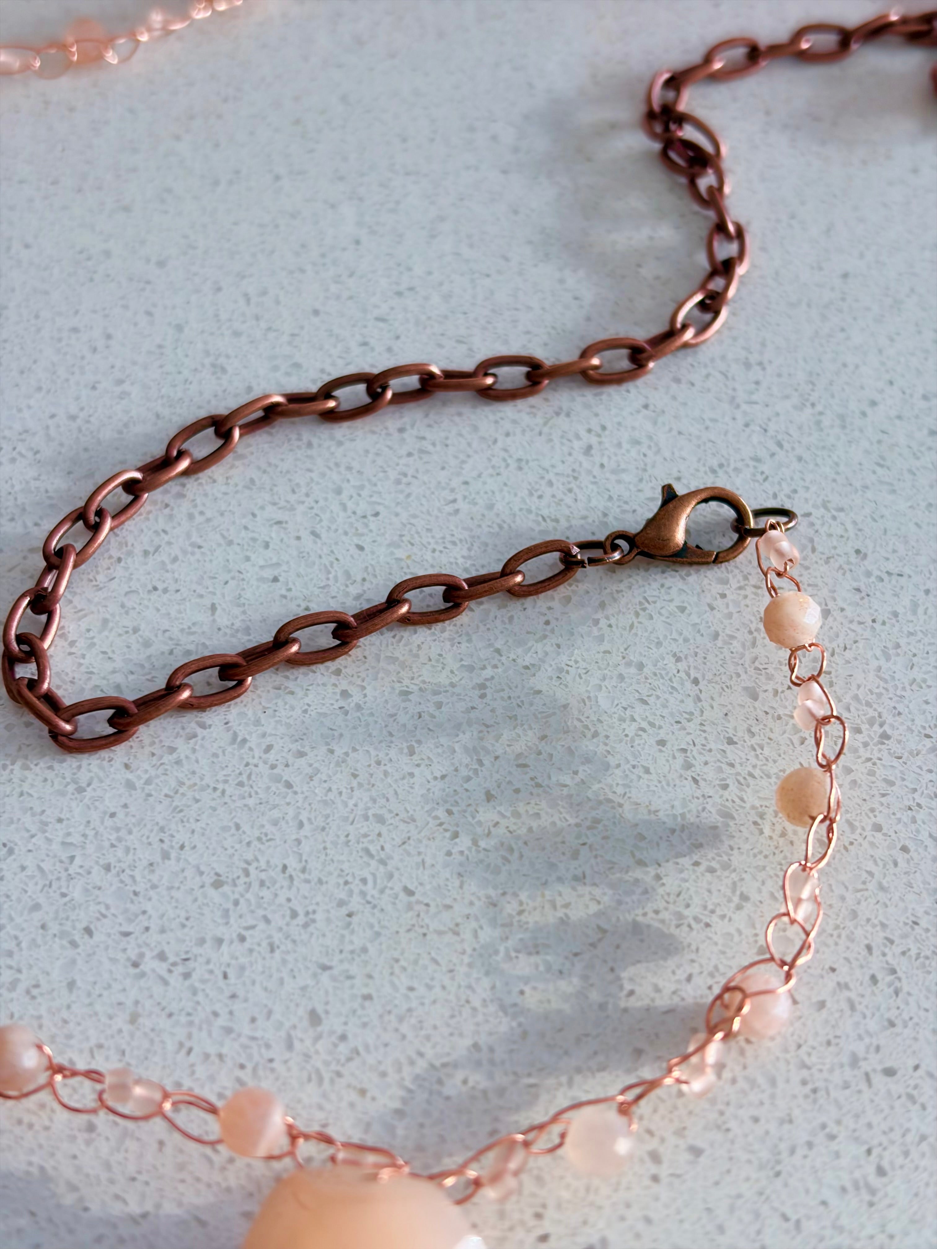 Moon Twist-peach moonstone and copper crochet necklace